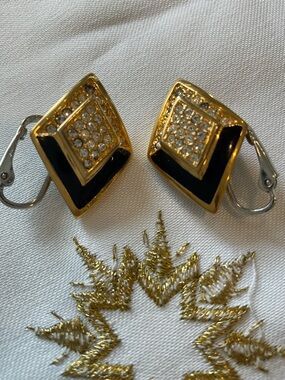 Christian Dior Vintage Clip On Gold Tone Rhinestone Earrings With Black Enamel.